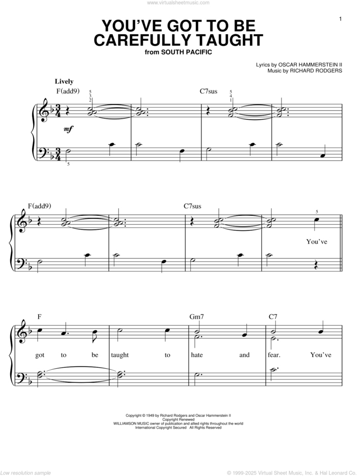 You've Got To Be Carefully Taught sheet music for piano solo by Rodgers & Hammerstein, South Pacific (Musical), Oscar II Hammerstein and Richard Rodgers, easy skill level