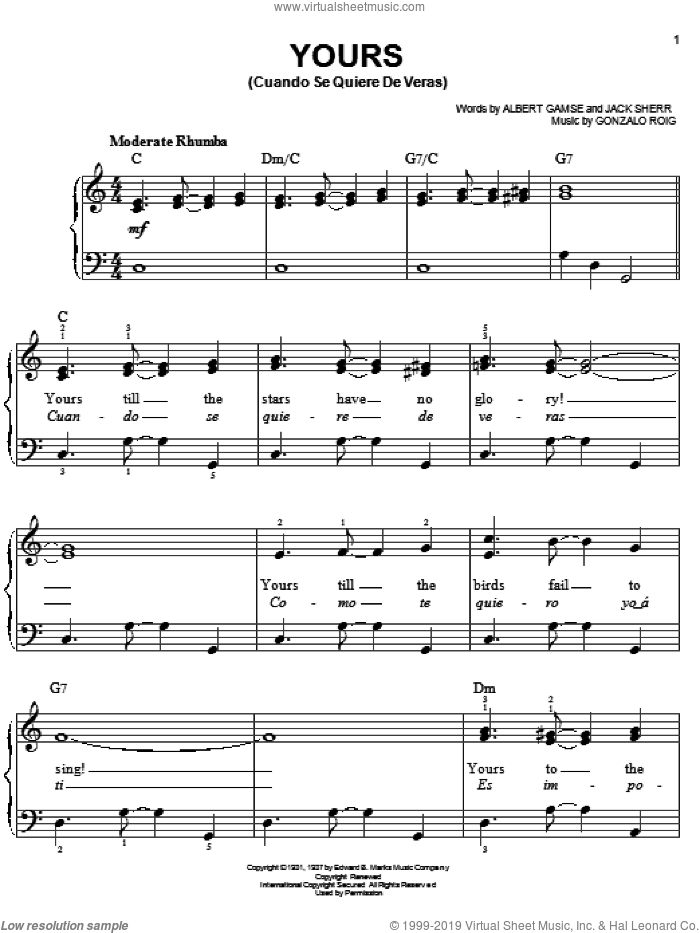 Yours (Cuando Se Quiere De Veras) sheet music for piano solo by Gonzalo Roig, Albert Gamse and Jack Sherr, easy skill level