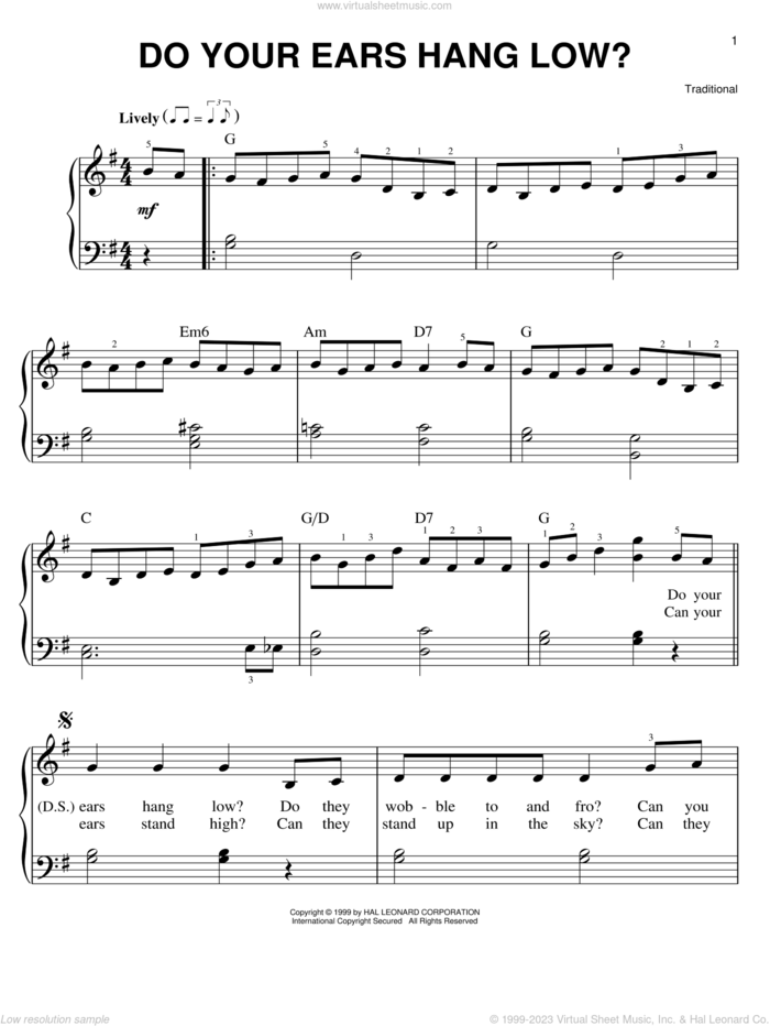 Do Your Ears Hang Low? sheet music for piano solo, easy skill level