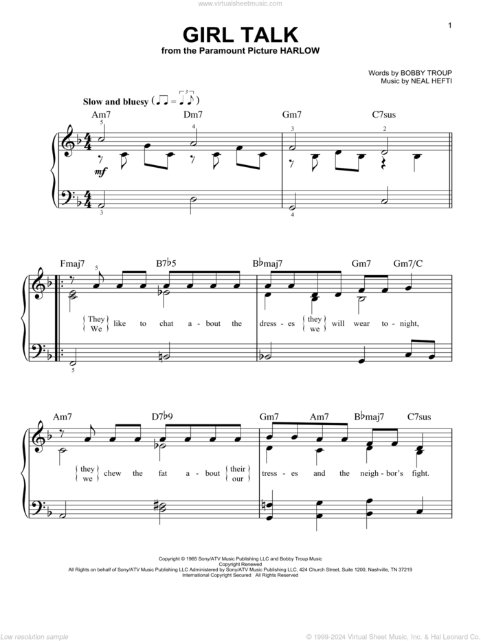 Girl Talk, (easy) sheet music for piano solo by Neal Hefti and Bobby Troup, easy skill level