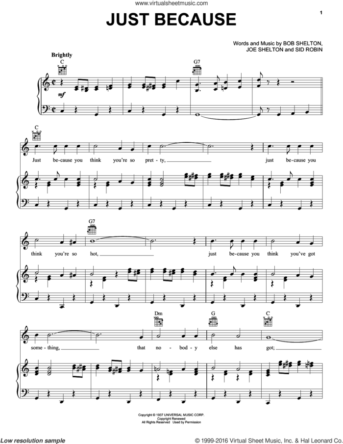 Just Because sheet music for voice, piano or guitar by Frankie Yankovic, Brenda Lee, Jerry Lee Lewis, Bob Shelton, Joe Shelton and Sid Robin, intermediate skill level