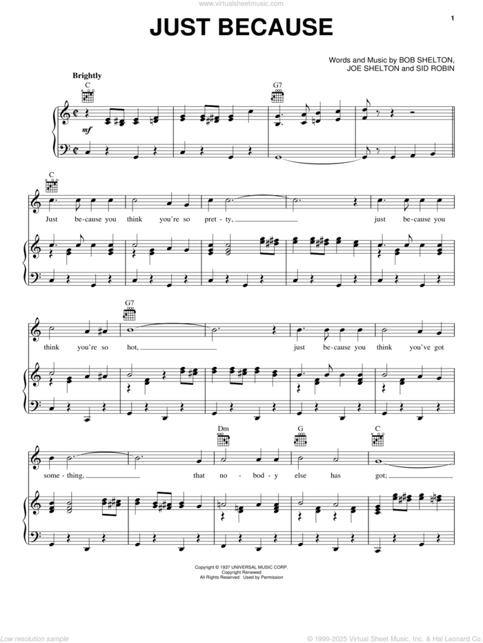 Just Because sheet music for voice, piano or guitar by Frankie Yankovic, Brenda Lee, Jerry Lee Lewis, Bob Shelton, Joe Shelton and Sid Robin, intermediate skill level