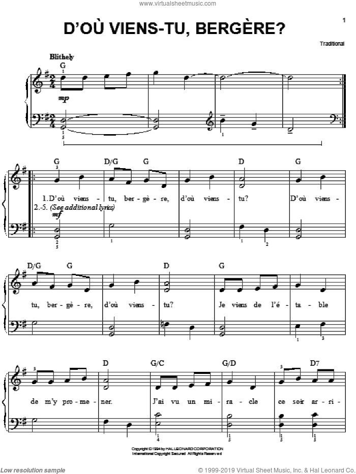 D'ou Viens-Tu, Beregere? sheet music for piano solo, easy skill level