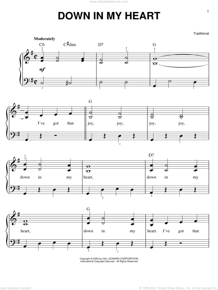 Down In My Heart sheet music for piano solo, easy skill level