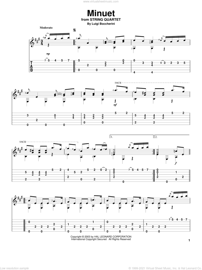 Minuet sheet music for guitar solo by Luigi Boccherini, classical wedding score, intermediate skill level