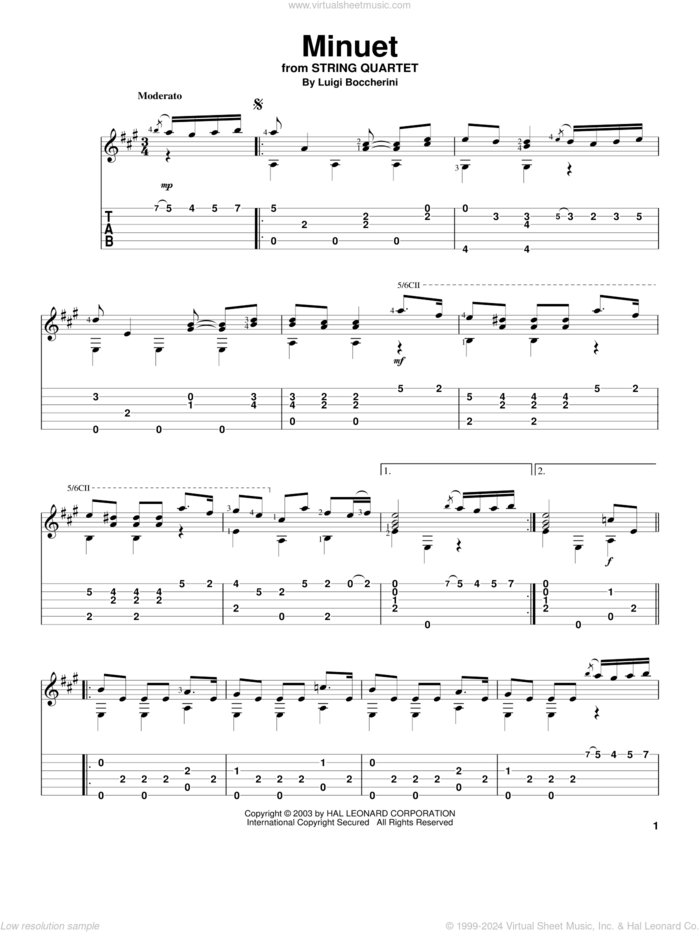 Minuet sheet music for guitar solo by Luigi Boccherini, classical wedding score, intermediate skill level