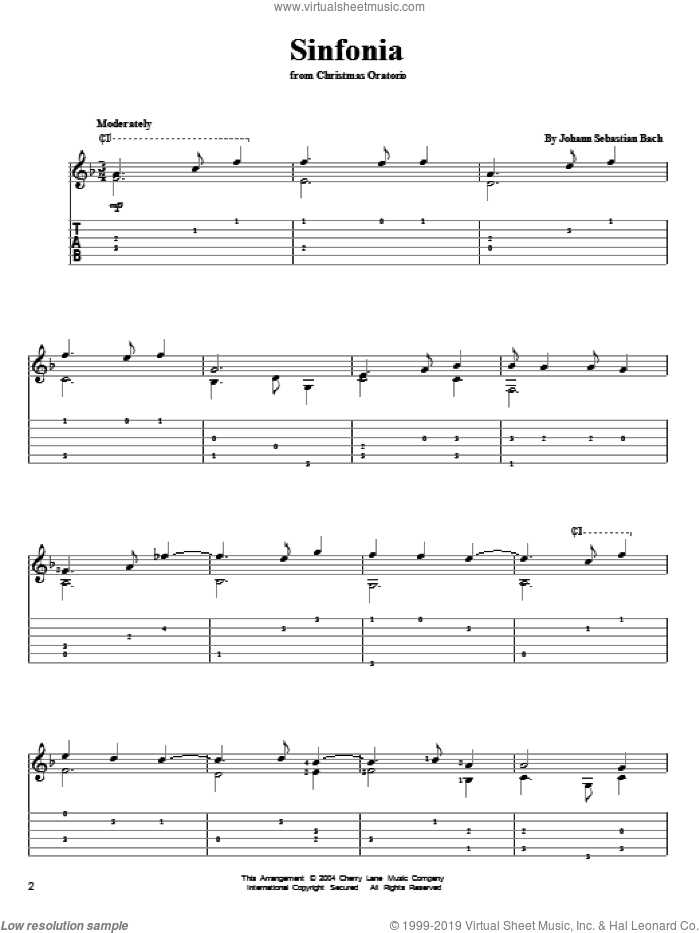 Sinfonia sheet music for guitar solo by Johann Sebastian Bach, classical score, intermediate skill level
