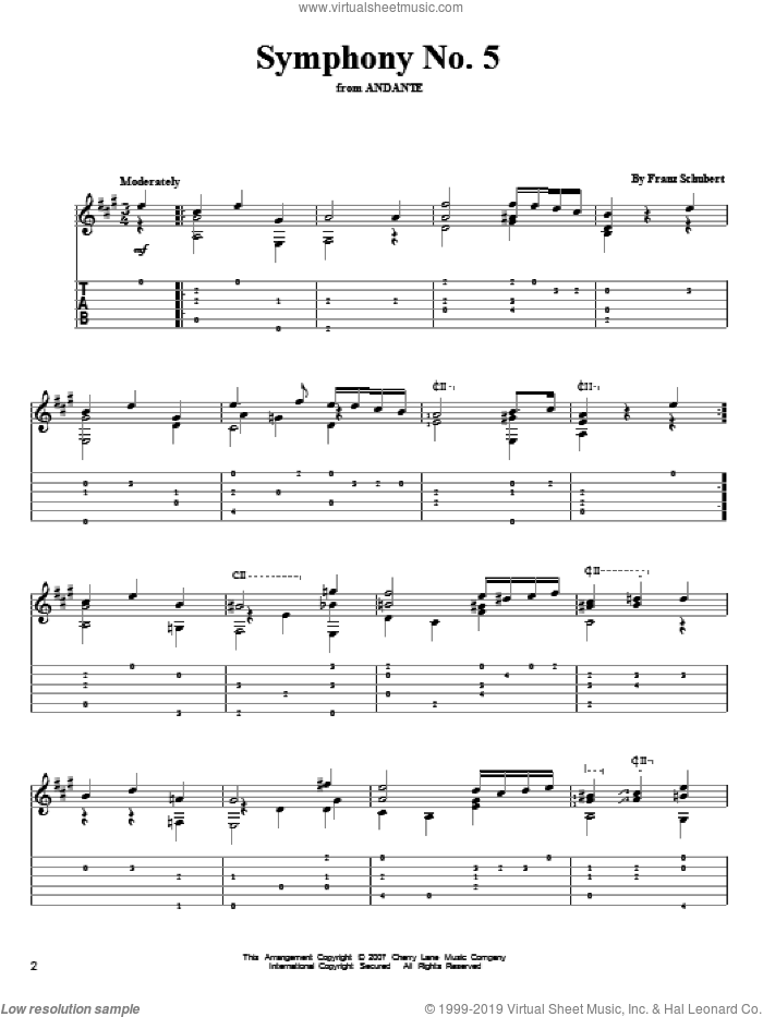 Symphony No. 5 sheet music for guitar solo by Franz Schubert, classical score, intermediate skill level