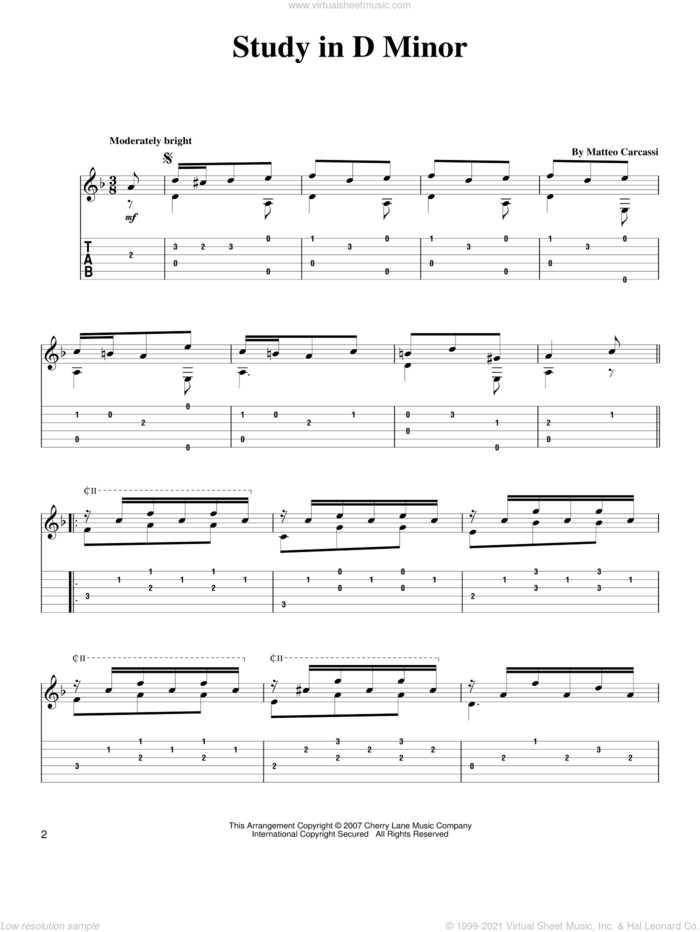 Study In D Minor sheet music for guitar solo by Matteo Carcassi, classical score, intermediate skill level