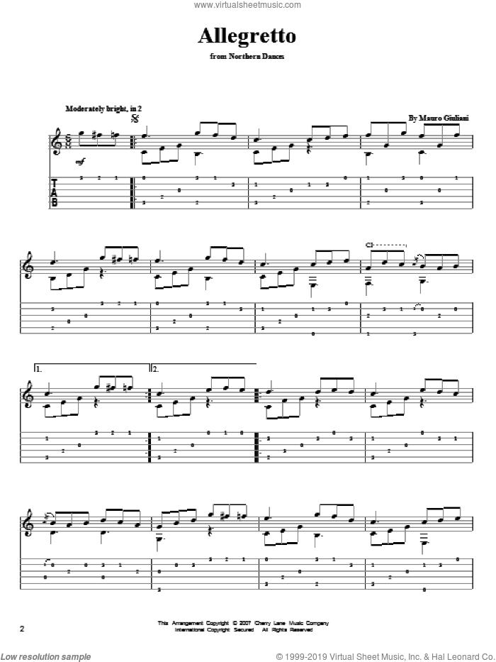 Allegretto sheet music for guitar solo by Mauro Giuliani, classical score, intermediate skill level