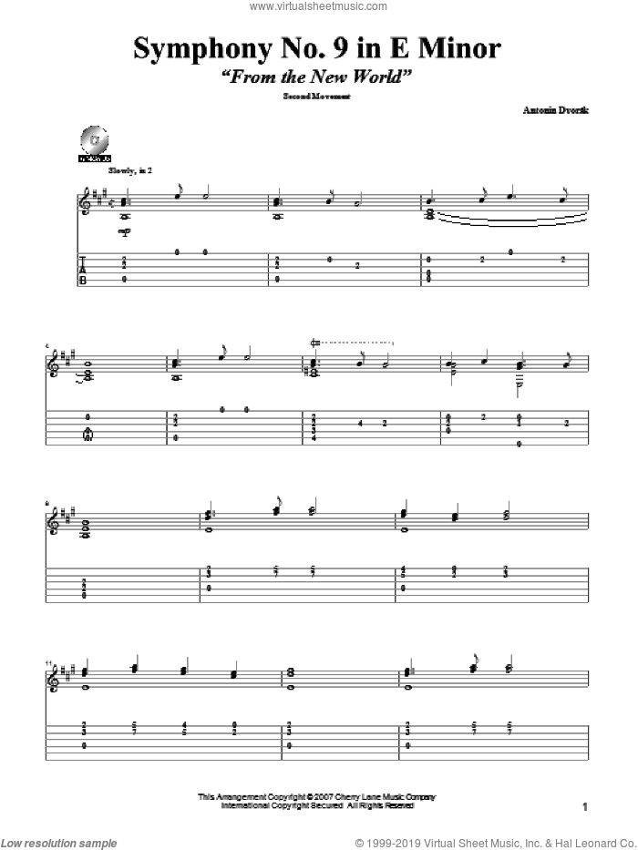 Symphony No. 9 In E Minor (From The New World), Second Movement Excerpt sheet music for guitar solo by Antonin Dvorak and Mark Phillips, classical score, intermediate skill level