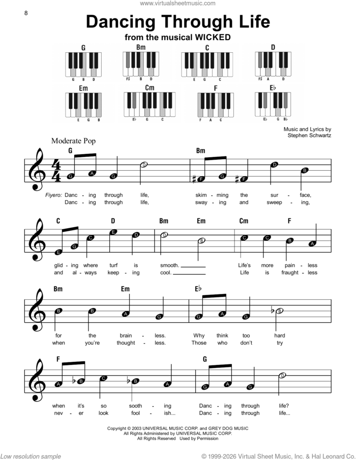 Dancing Through Life (from Wicked) sheet music for piano solo by Stephen Schwartz, beginner skill level