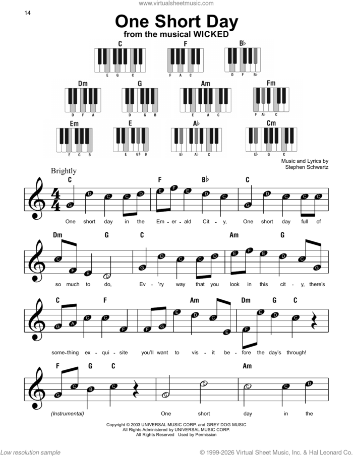 One Short Day (from Wicked), (beginner) sheet music for piano solo by Stephen Schwartz, beginner skill level