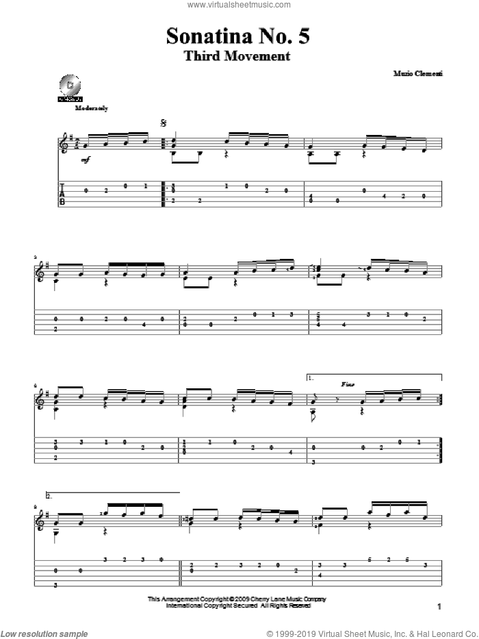 Sonatina in G, Op.36 #5 sheet music for guitar solo by Muzio Clementi and Mark Phillips, classical score, intermediate skill level