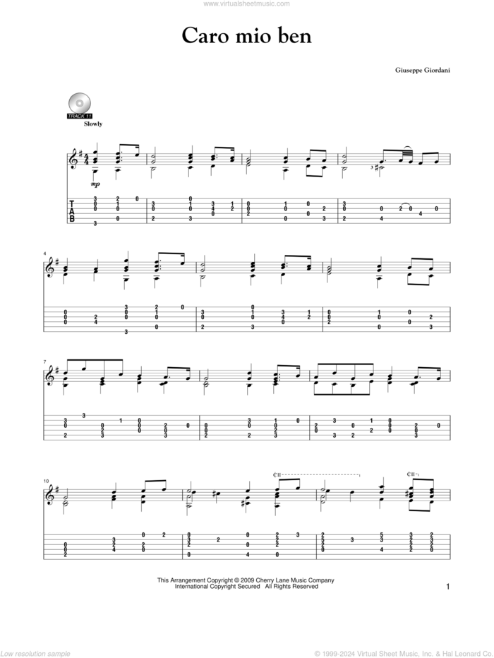 Caro Mio Ben sheet music for guitar solo by Giuseppe Giordani and Mark Phillips, classical score, intermediate skill level