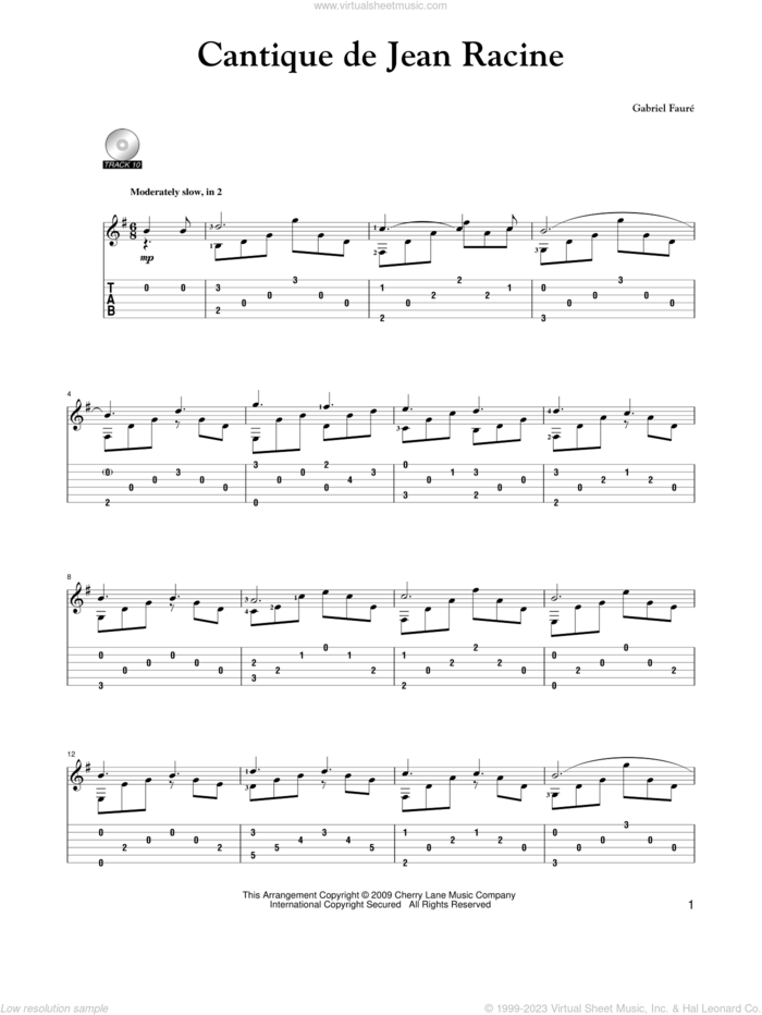 Cantique De Jean Racine sheet music for guitar solo by Gabriel Faure and Mark Phillips, classical score, intermediate skill level