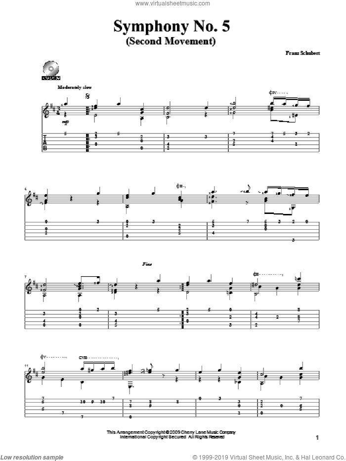 Symphony No. 5 sheet music for guitar solo by Franz Schubert and Mark Phillips, classical score, intermediate skill level
