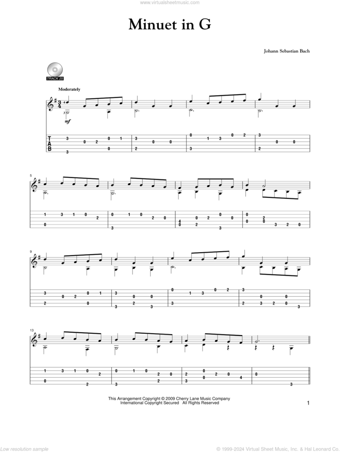 Minuet In G sheet music for guitar solo by Johann Sebastian Bach and Mark Phillips, classical wedding score, intermediate skill level