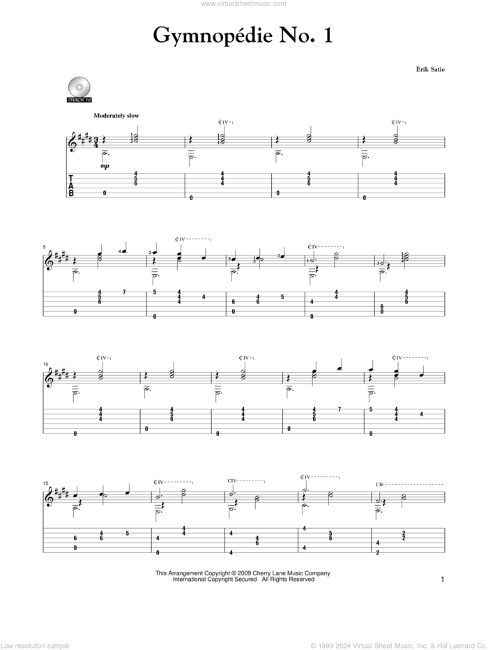 Gymnopedie No. 1 sheet music for guitar solo by Erik Satie and Mark Phillips, classical score, intermediate skill level