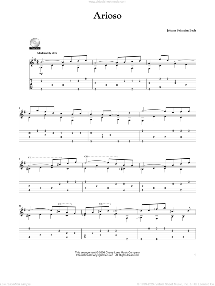 Arioso sheet music for guitar solo by Johann Sebastian Bach and Mark Phillips, classical score, intermediate skill level