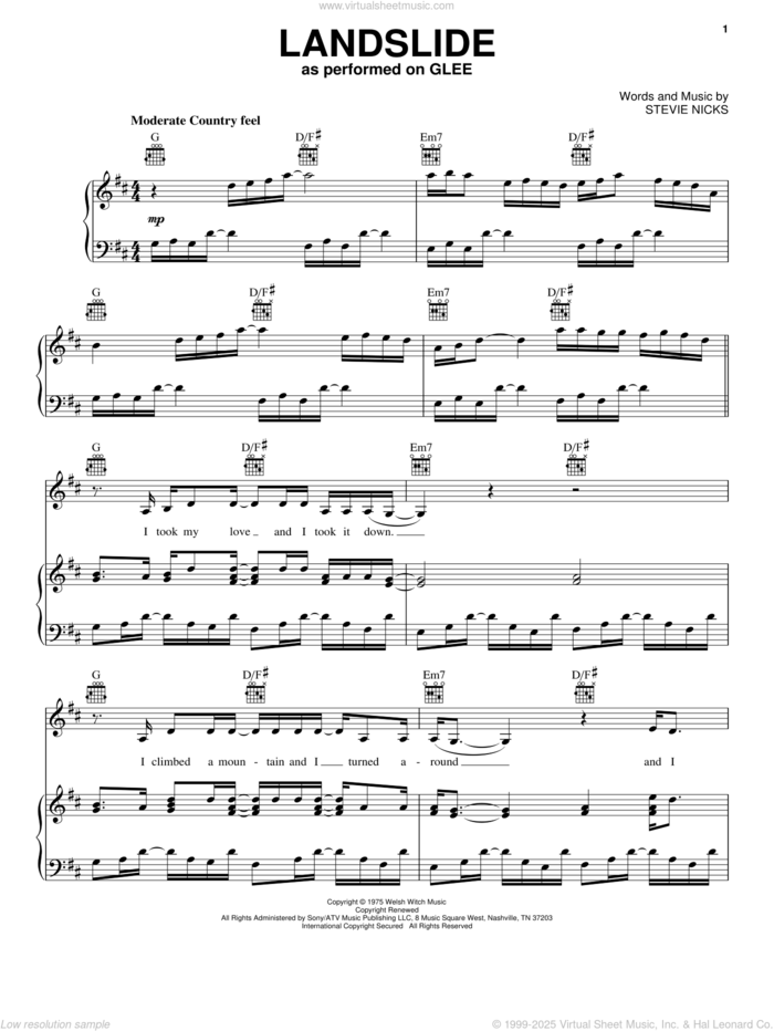 Landslide sheet music for voice, piano or guitar by Glee Cast, Dixie Chicks, Fleetwood Mac, Gwyneth Paltrow, Miscellaneous, The Chicks, The Smashing Pumpkins and Stevie Nicks, intermediate skill level