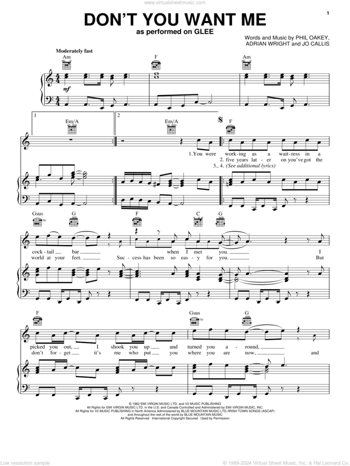 Don't You Want Me sheet music for voice, piano or guitar by Glee Cast, Miscellaneous, The Human League, Adrian Wright, Jo Callis and Phil Oakey, intermediate skill level