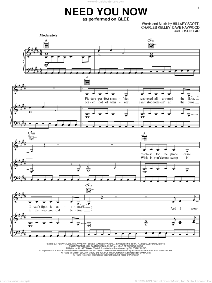 Need You Now sheet music for voice, piano or guitar by Glee Cast, Lady A, Lady Antebellum, Miscellaneous, Charles Kelley, Dave Haywood, Hillary Scott and Josh Kear, intermediate skill level