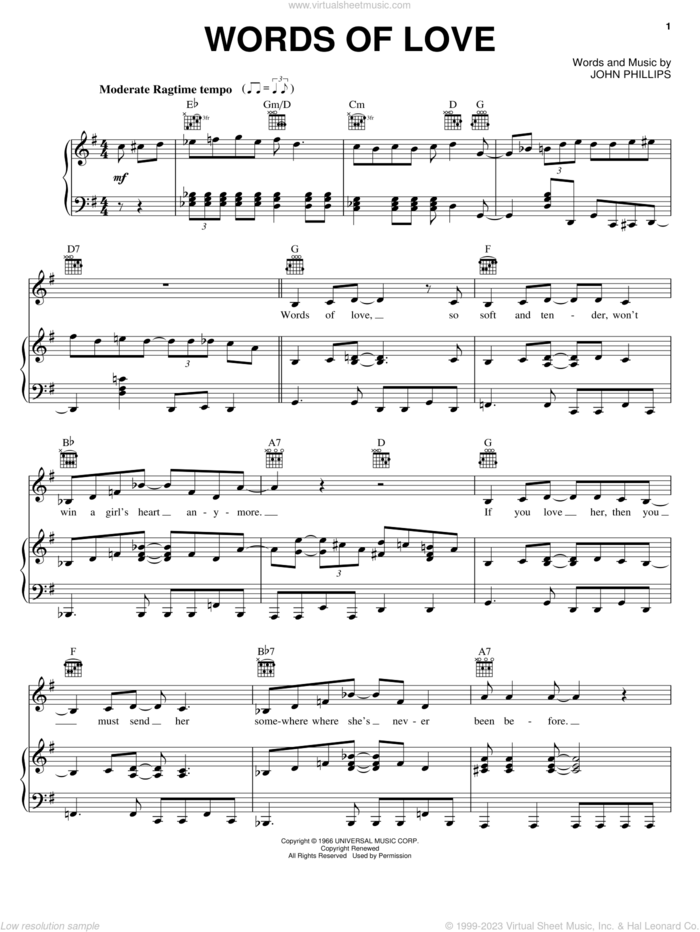 Words Of Love sheet music for voice, piano or guitar by The Mamas & The Papas and John Phillips, intermediate skill level