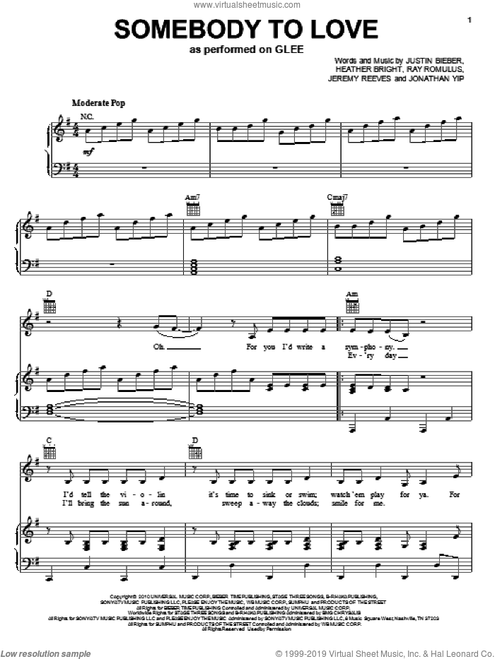 Somebody To Love sheet music for voice, piano or guitar by Glee Cast, Miscellaneous, Heather Bright, Jeremy Reeves, Jonathan Yip, Justin Bieber and Ray Romulus, intermediate skill level