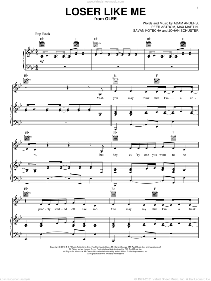 Loser Like Me sheet music for voice, piano or guitar by Glee Cast, Miscellaneous, Adam Anders, Johan Schuster, Max Martin, Peer Astrom and Savan Kotecha, intermediate skill level
