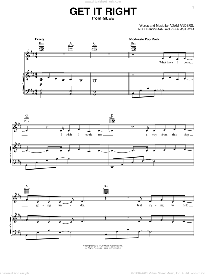 Get It Right sheet music for voice, piano or guitar by Glee Cast, Miscellaneous, Adam Anders, Nikki Hassman and Peer Astrom, intermediate skill level