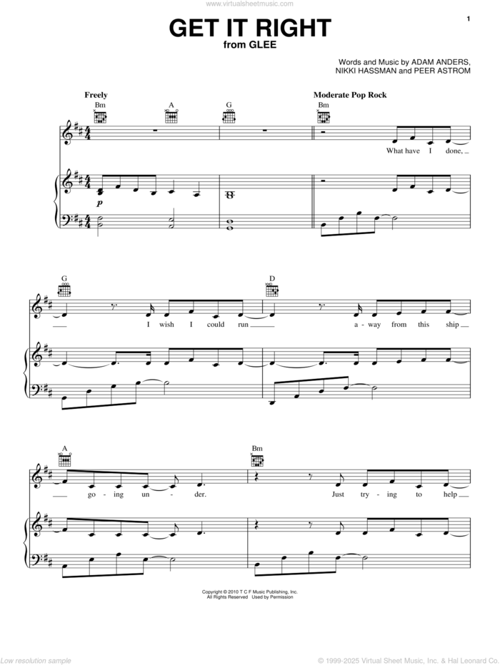 Get It Right sheet music for voice, piano or guitar by Glee Cast, Miscellaneous, Adam Anders, Nikki Hassman and Peer Astrom, intermediate skill level