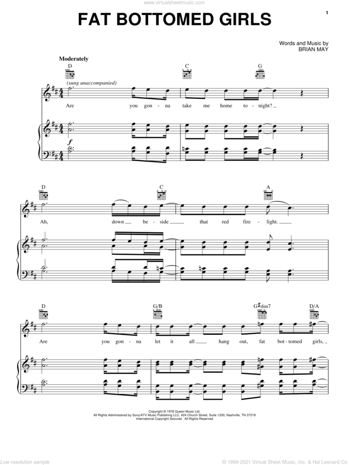 Fat Bottomed Girls sheet music for voice, piano or guitar by Glee Cast, Miscellaneous, Queen and Brian May, intermediate skill level
