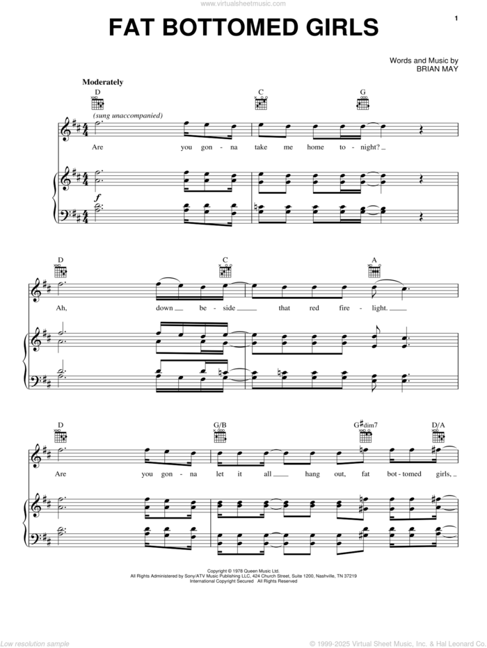 Fat Bottomed Girls sheet music for voice, piano or guitar by Glee Cast, Miscellaneous, Queen and Brian May, intermediate skill level