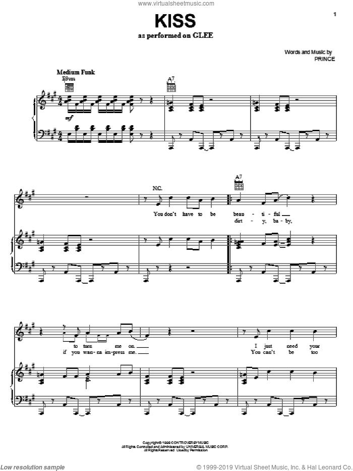 Kiss sheet music for voice, piano or guitar by Glee Cast, Miscellaneous and Prince, intermediate skill level