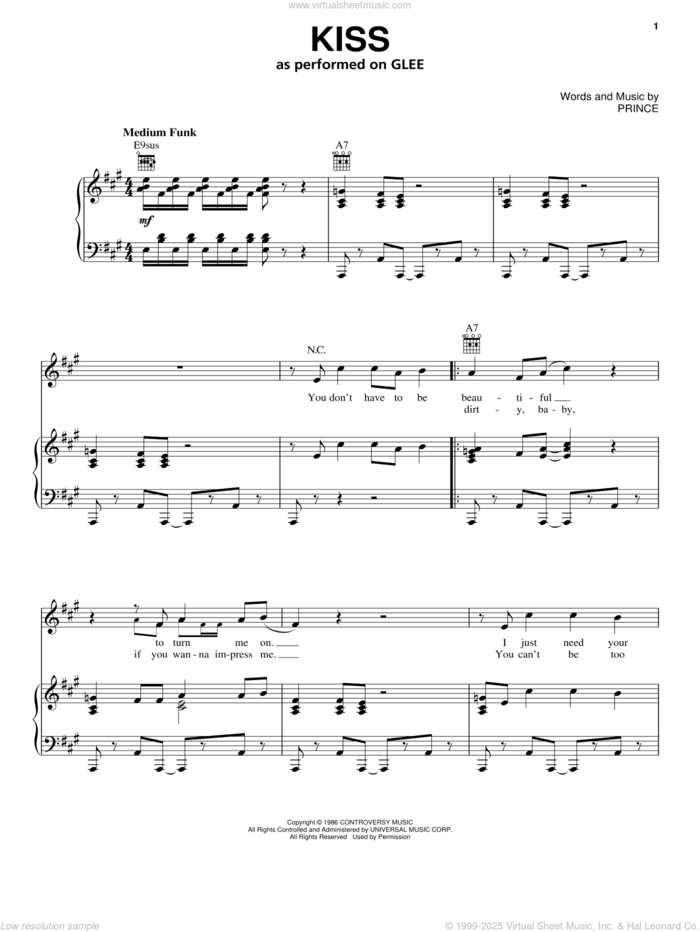 Kiss sheet music for voice, piano or guitar by Glee Cast, Miscellaneous and Prince, intermediate skill level