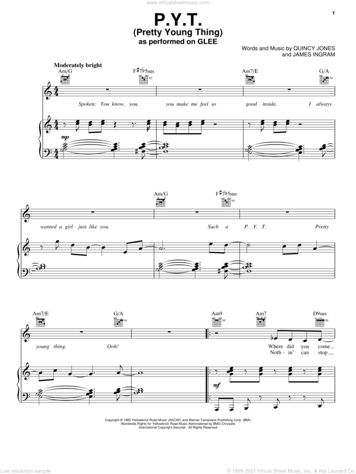P.Y.T. (Pretty Young Thing) sheet music for voice, piano or guitar by Quincy Jones, Glee Cast, Michael Jackson, Miscellaneous and James Ingram, intermediate skill level