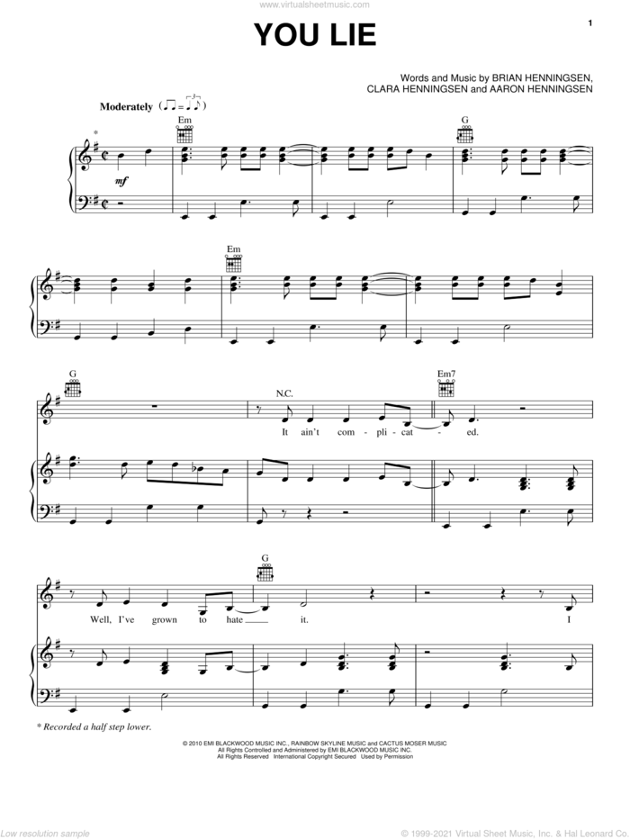 You Lie sheet music for voice, piano or guitar by The Band Perry, Aaron Henningsen, Brian Henningsen and Clara Henningsen, intermediate skill level