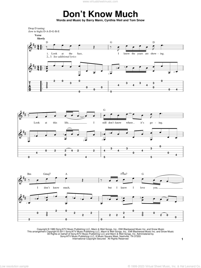 Don't Know Much sheet music for guitar solo by Linda Ronstadt and Aaron Neville, Aaron Neville and Linda Ronstadt, Barry Mann, Cynthia Weil and Tom Snow, wedding score, intermediate skill level