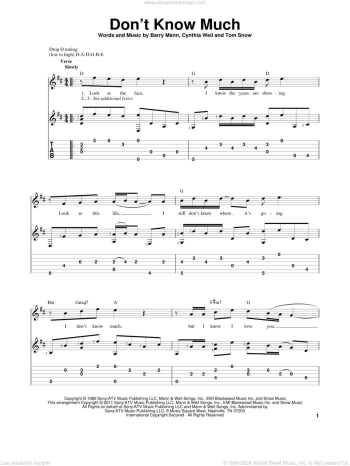 Don't Know Much sheet music for guitar solo by Linda Ronstadt and Aaron Neville, Aaron Neville and Linda Ronstadt, Barry Mann, Cynthia Weil and Tom Snow, wedding score, intermediate skill level