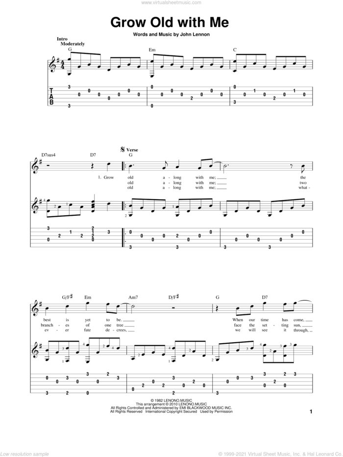 Grow Old With Me sheet music for guitar solo by John Lennon and Mary Chapin Carpenter, wedding score, intermediate skill level