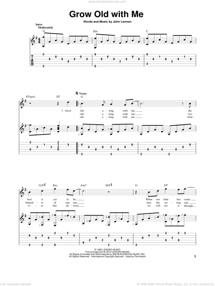 Grow Old With Me sheet music for guitar solo by John Lennon and Mary Chapin Carpenter, wedding score, intermediate skill level