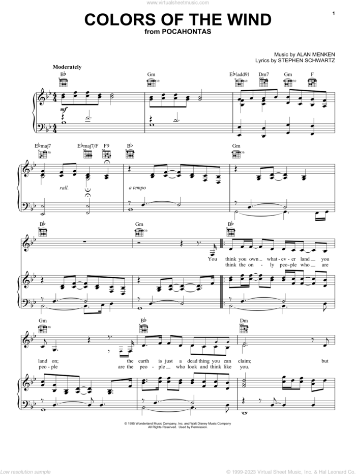 Colors Of The Wind (from Pocahontas) sheet music for voice, piano or guitar by Vanessa Williams, Alan Menken and Stephen Schwartz, intermediate skill level