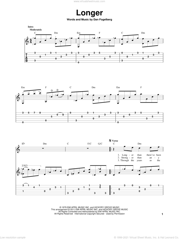 Longer sheet music for guitar solo by Dan Fogelberg, wedding score, intermediate skill level