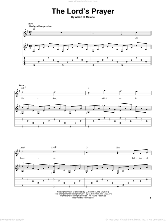 The Lord's Prayer sheet music for guitar solo by Albert H. Malotte, wedding score, intermediate skill level