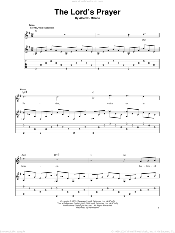 The Lord's Prayer sheet music for guitar solo by Albert H. Malotte, wedding score, intermediate skill level