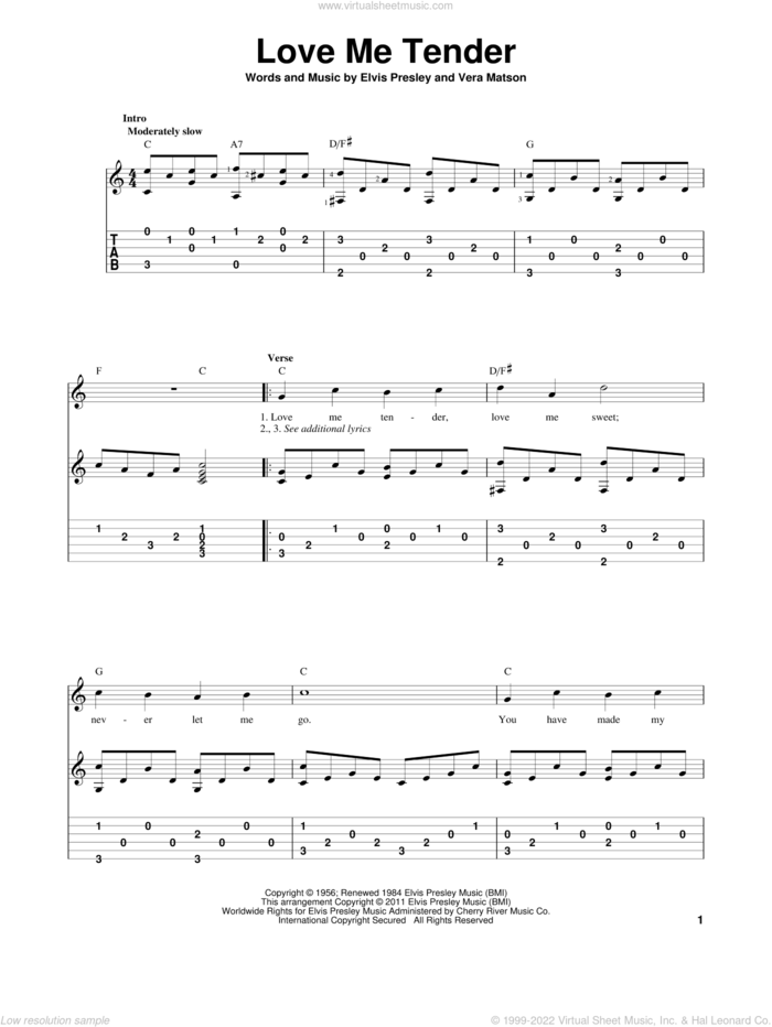 Love Me Tender sheet music for guitar solo by Elvis Presley and Vera Matson, wedding score, intermediate skill level