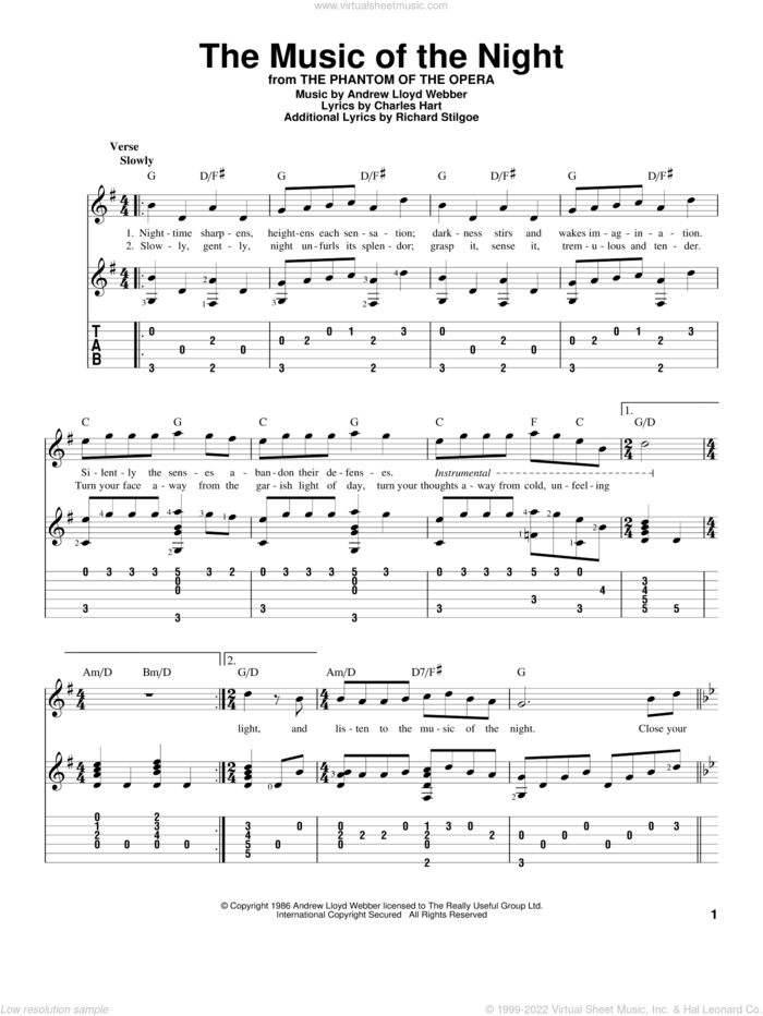 The Music Of The Night (from The Phantom Of The Opera) sheet music for guitar solo by Andrew Lloyd Webber, Phantom Of The Opera (Musical), Charles Hart and Richard Stilgoe, intermediate skill level