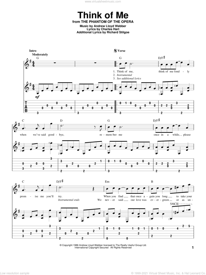 Think Of Me (from The Phantom Of The Opera) sheet music for guitar solo by Andrew Lloyd Webber, Phantom Of The Opera (Musical), Charles Hart and Richard Stilgoe, intermediate skill level