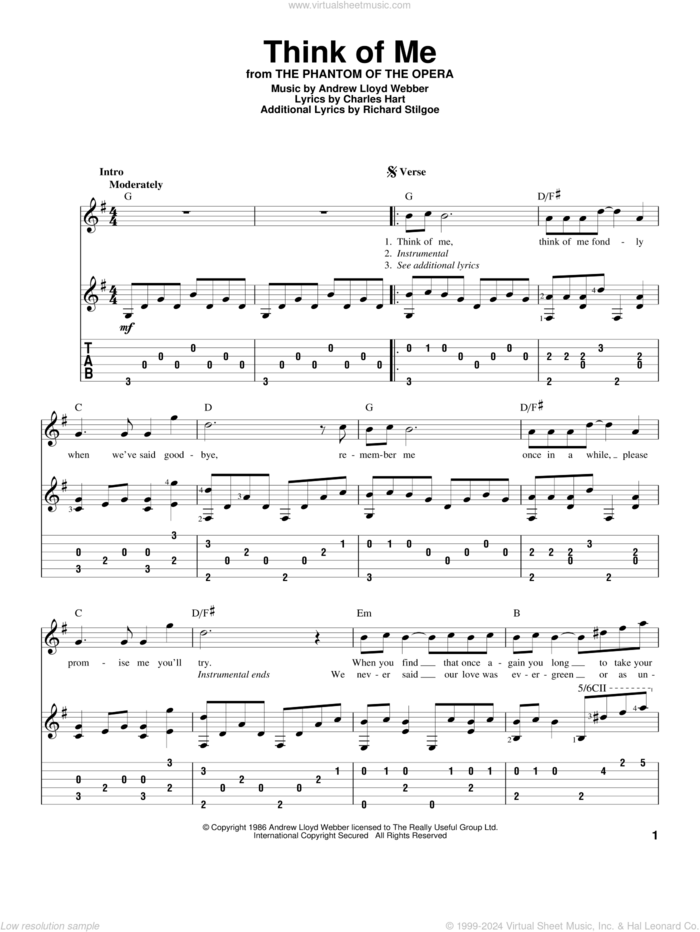 Think Of Me (from The Phantom Of The Opera) sheet music for guitar solo by Andrew Lloyd Webber, Phantom Of The Opera (Musical), Charles Hart and Richard Stilgoe, intermediate skill level